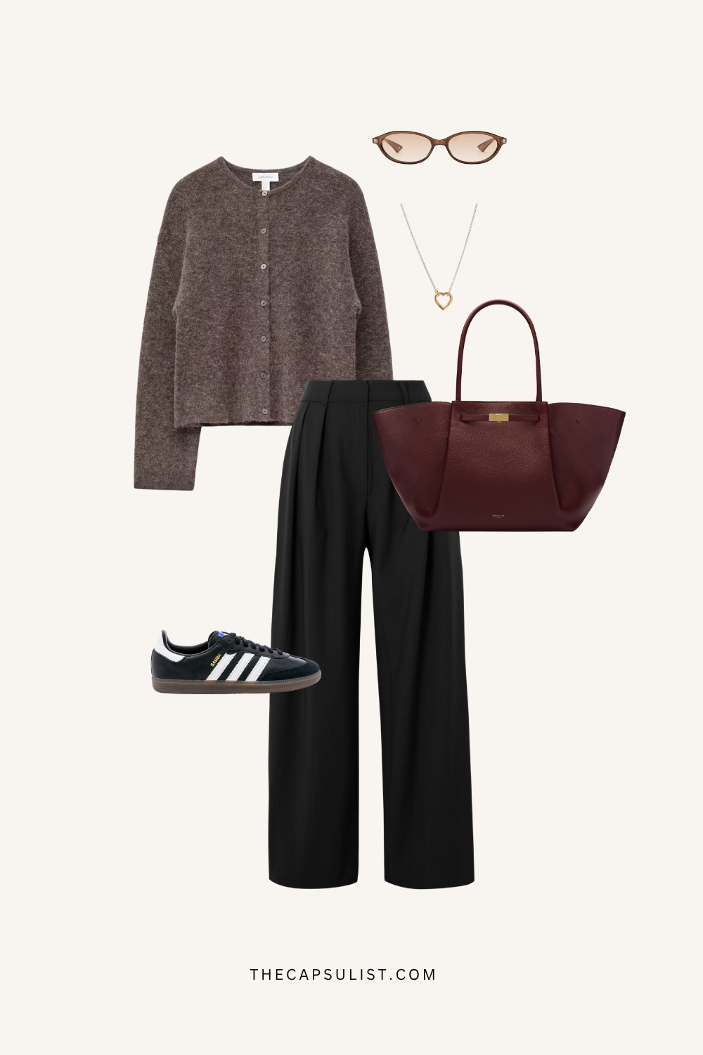 Minimalist city outfit with brown cardigan, black trousers, sneakers, and structured tote — timeless winter capsule look.