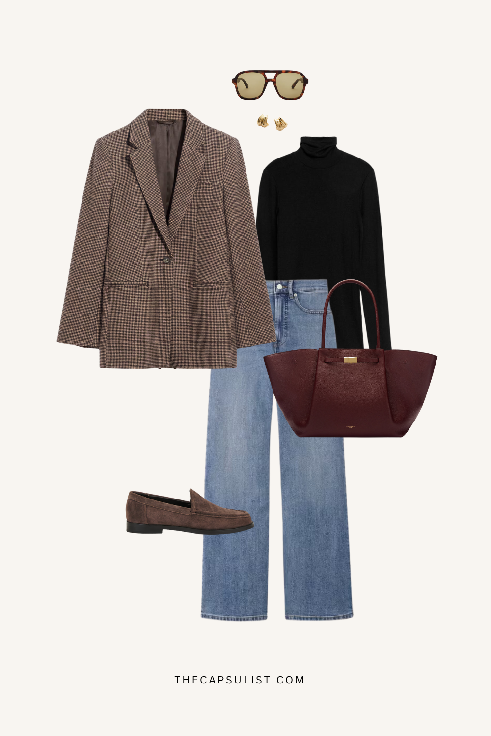 Minimalist winter outfit featuring a check blazer, black turtleneck, blue denim, and suede loafers — classic capsule wardrobe look 2026.