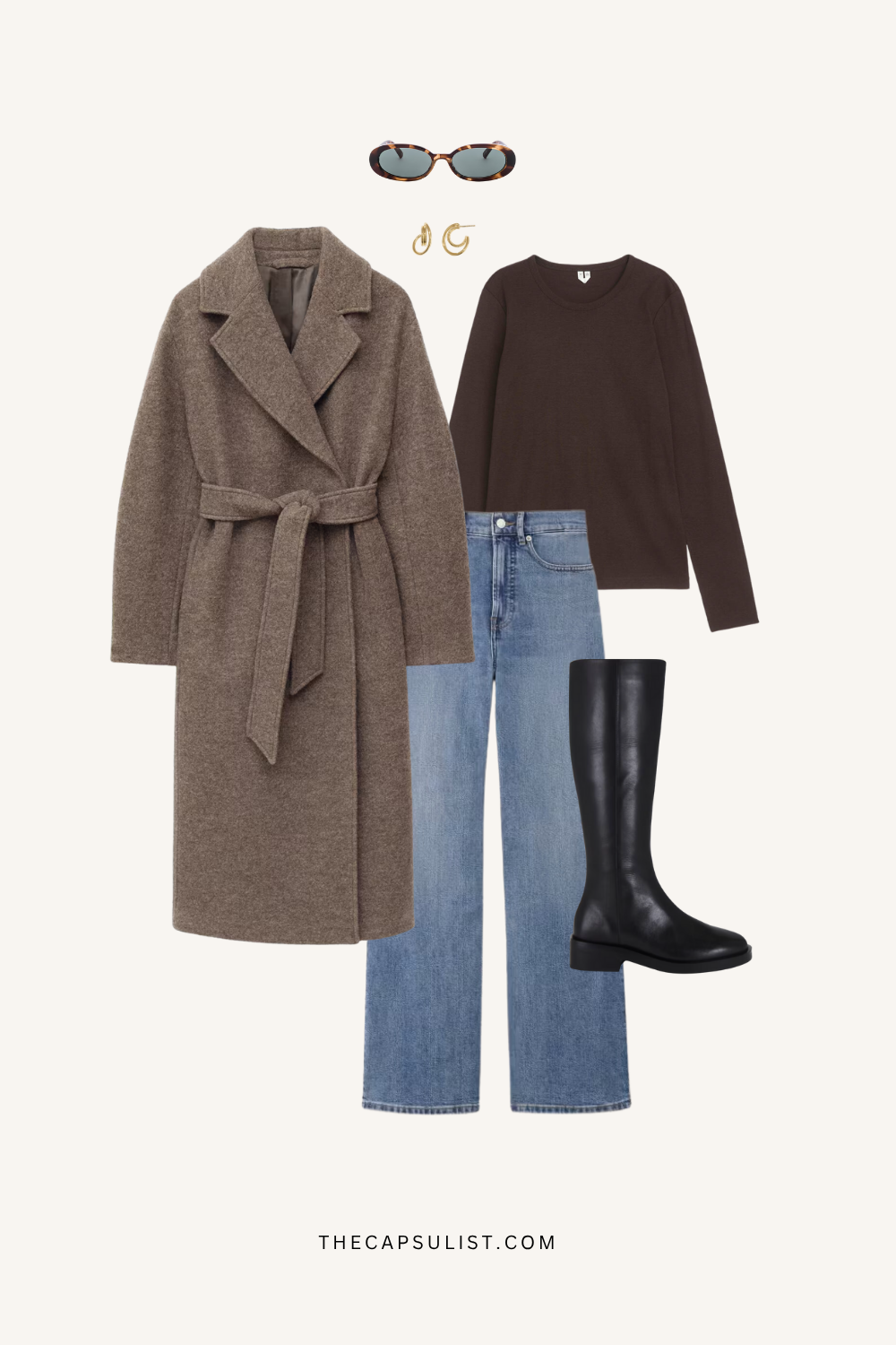Timeless neutral winter outfit with belted wool coat, blue jeans, and black knee-high boots — minimalist capsule wardrobe look.