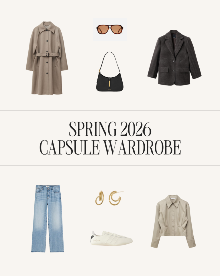 Spring 2026 capsule wardrobe moodboard featuring a trench coat, blazer, high-waist jeans, minimalist sneakers, ballet flats, and quiet luxury accessories