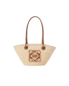 Loewe Raffia Tote Bag with brown leather handles and signature logo detail.