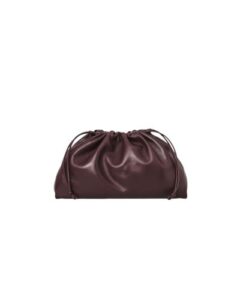 COS dark brown gathered leather clutch bag with ruched detail.
