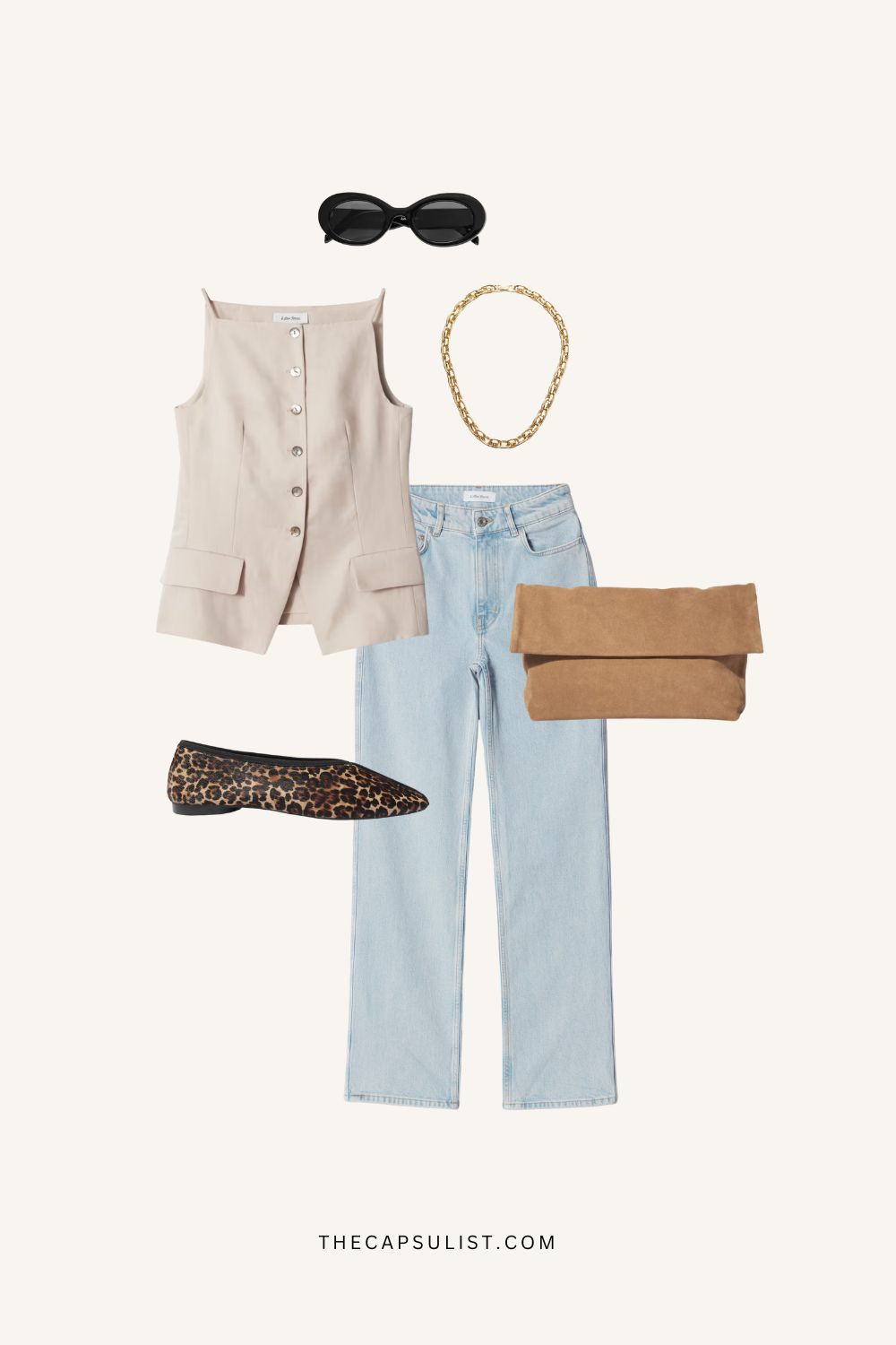 A stylish spring outfit featuring a beige tailored vest, light blue denim jeans, leopard print flats, a gold chain necklace, black sunglasses, and a brown suede clutch.
