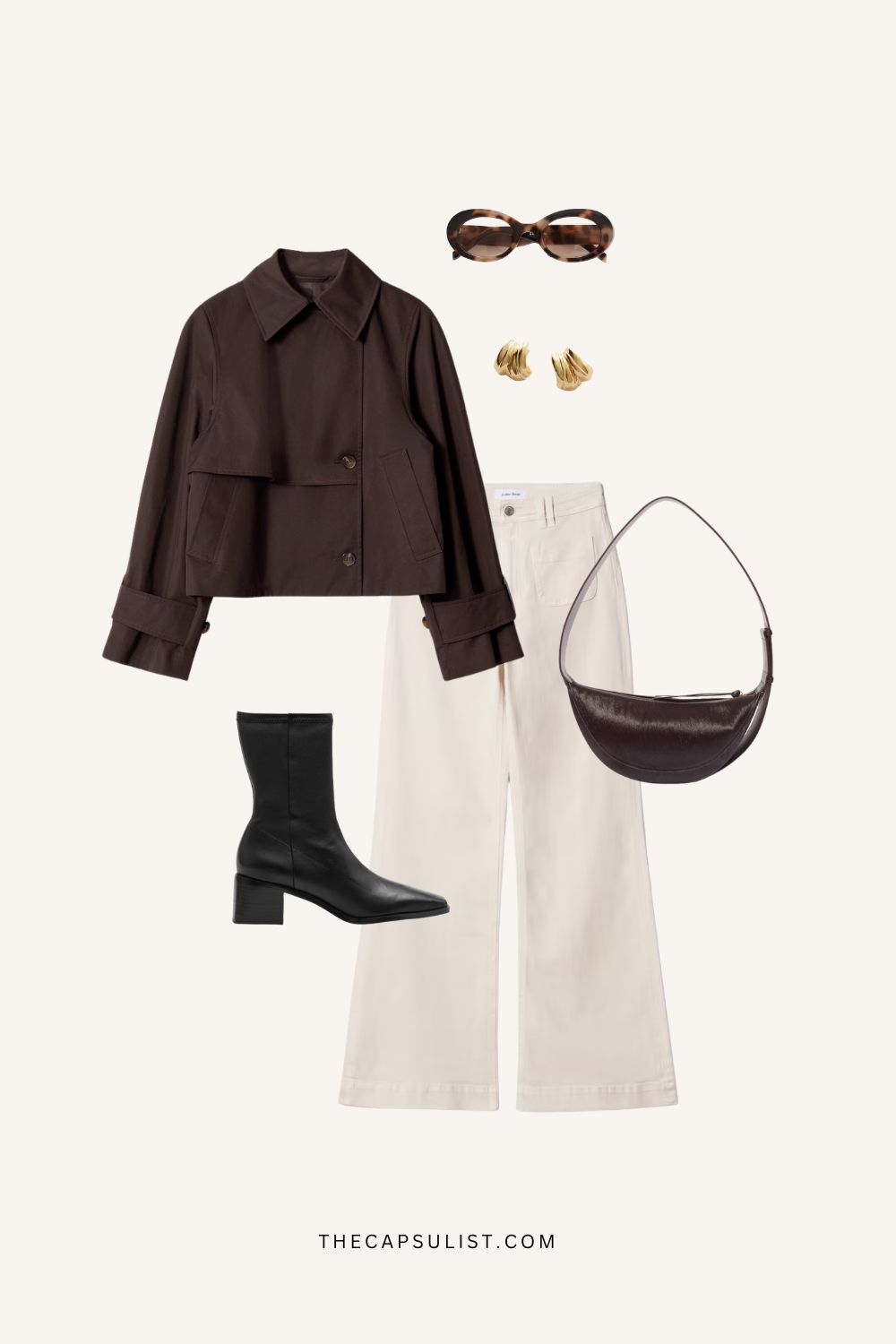 A stylish spring look featuring a brown cropped trench coat, off-white wide-leg trousers, black heeled boots, a dark brown shoulder bag, tortoise sunglasses, and gold earrings.