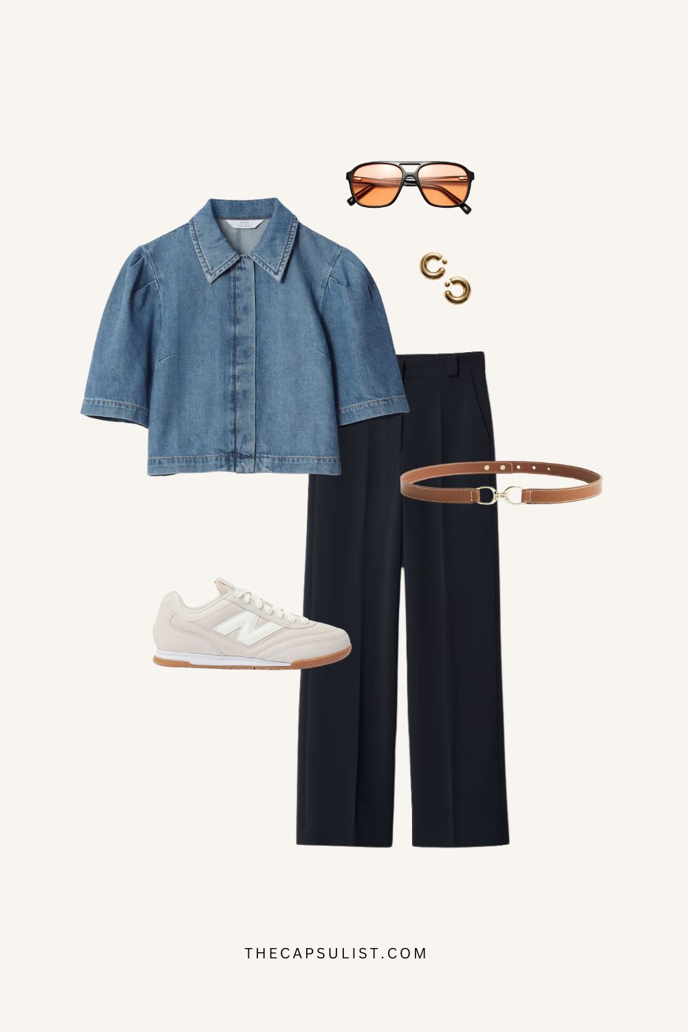 A casual yet polished outfit featuring a structured denim shirt, high-waisted black trousers, white sneakers, a brown leather belt, tortoise sunglasses, and gold hoop earrings.
