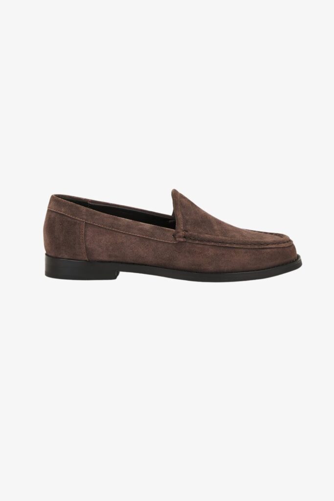 Tony Bianco Zoe Loafer in espresso suede with a classic slip-on design and low heel, perfect for a minimalist capsule wardrobe.