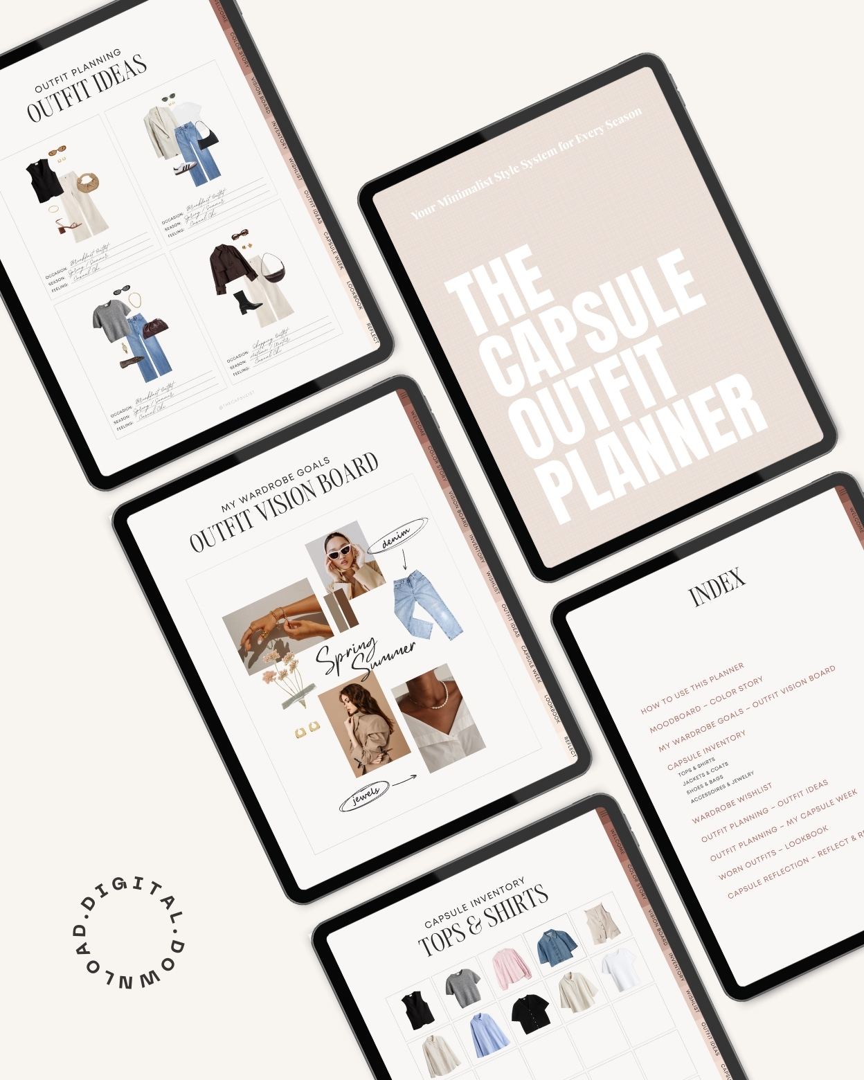 Capsule Outfit Planner cover showing outfit ideas, moodboard templates, inventory pages, and seasonal wardrobe planning tools.