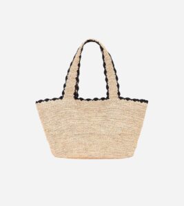 Straw tote bag with black scalloped trim for summer outfits