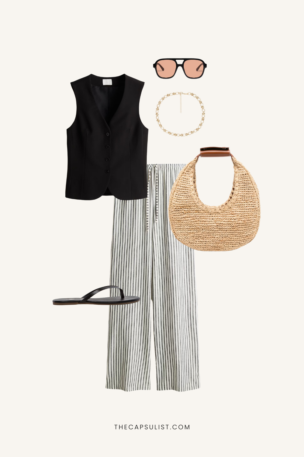 Black vest, striped linen trousers, raffia bag, flat sandals, and sunglasses styled for a minimalist capsule wardrobe summer outfit 2025.