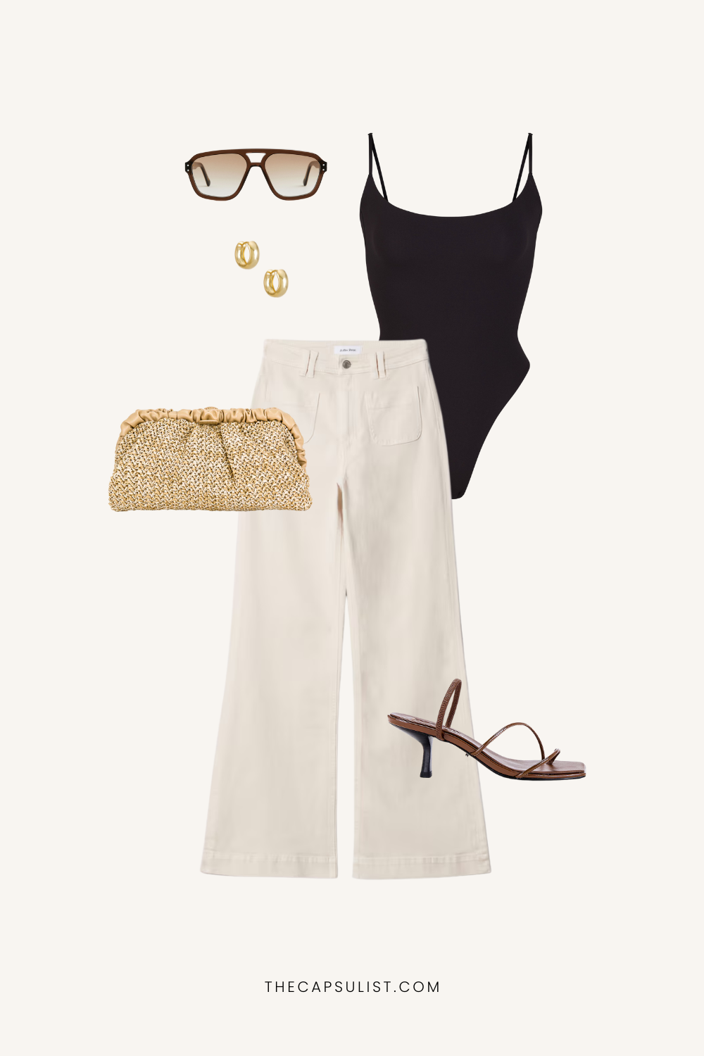 Chic summer capsule outfit with black bodysuit, beige wide-leg trousers, raffia clutch, brown heeled sandals, and oversized sunglasses