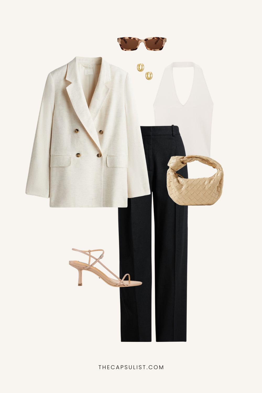 Elegant summer outfit with cream blazer, white halter top, black linen pants, beige woven bag, and nude sandals – timeless summer capsule wardrobe look.