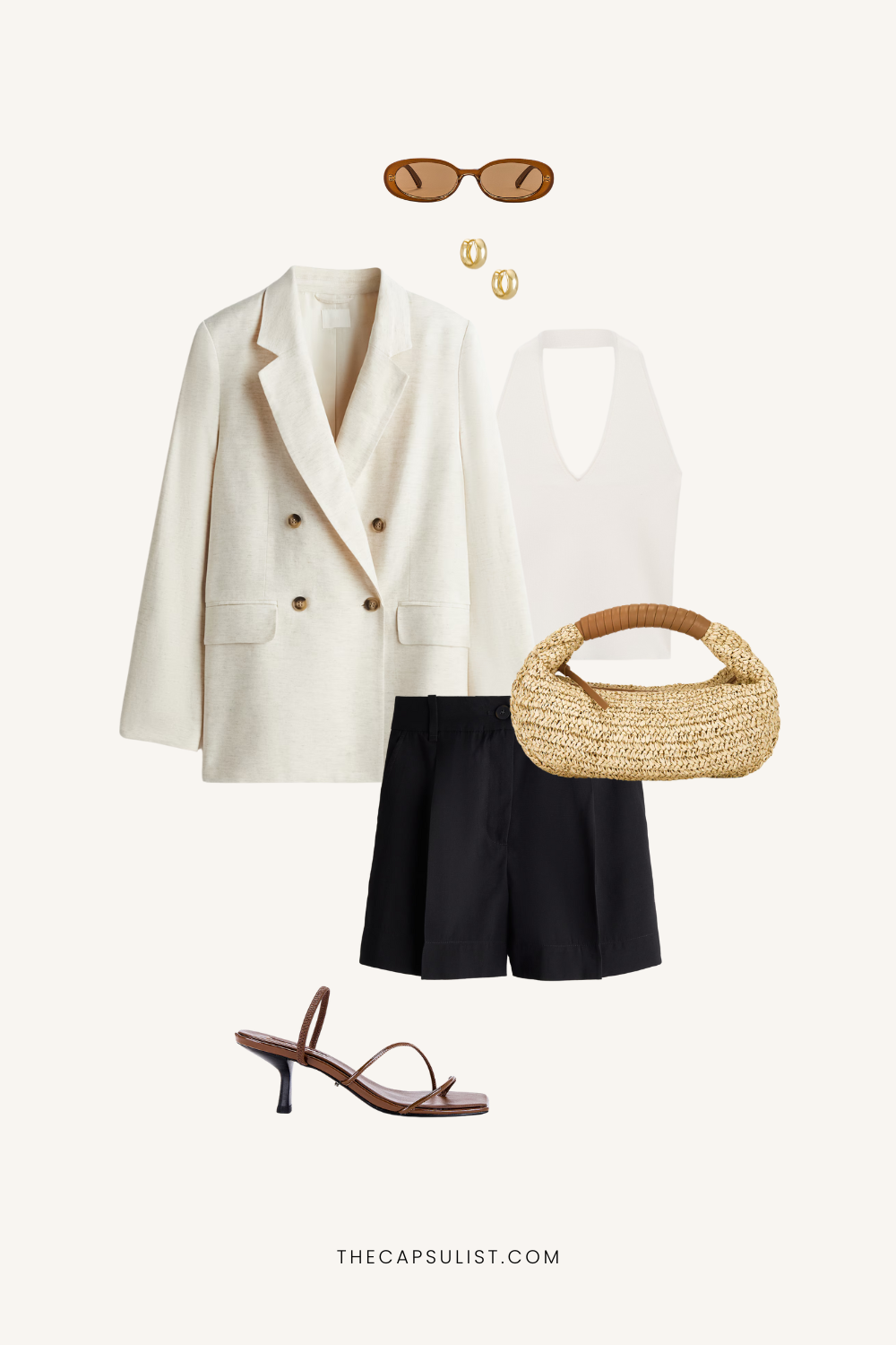 White blazer, white tank, tailored shorts, raffia bag, and heeled sandals styled for a chic capsule wardrobe summer outfit 2025.