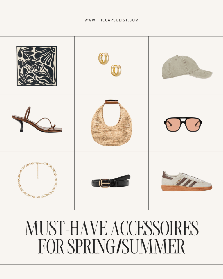Moodboard showing 9 must-have spring/summer 2025 accessories for a capsule wardrobe, including a baseball cap, Adidas sneakers, raffia bag, silk scarf, gold earrings, minimalist belt, sunglasses, leather sandals, chunky chain necklace, and straw tote.