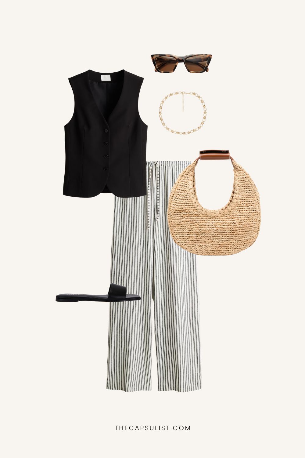 Chic summer outfit featuring black tailored vest, striped linen trousers, black slides, raffia shoulder bag, and vintage sunglasses – minimalist capsule wardrobe look.