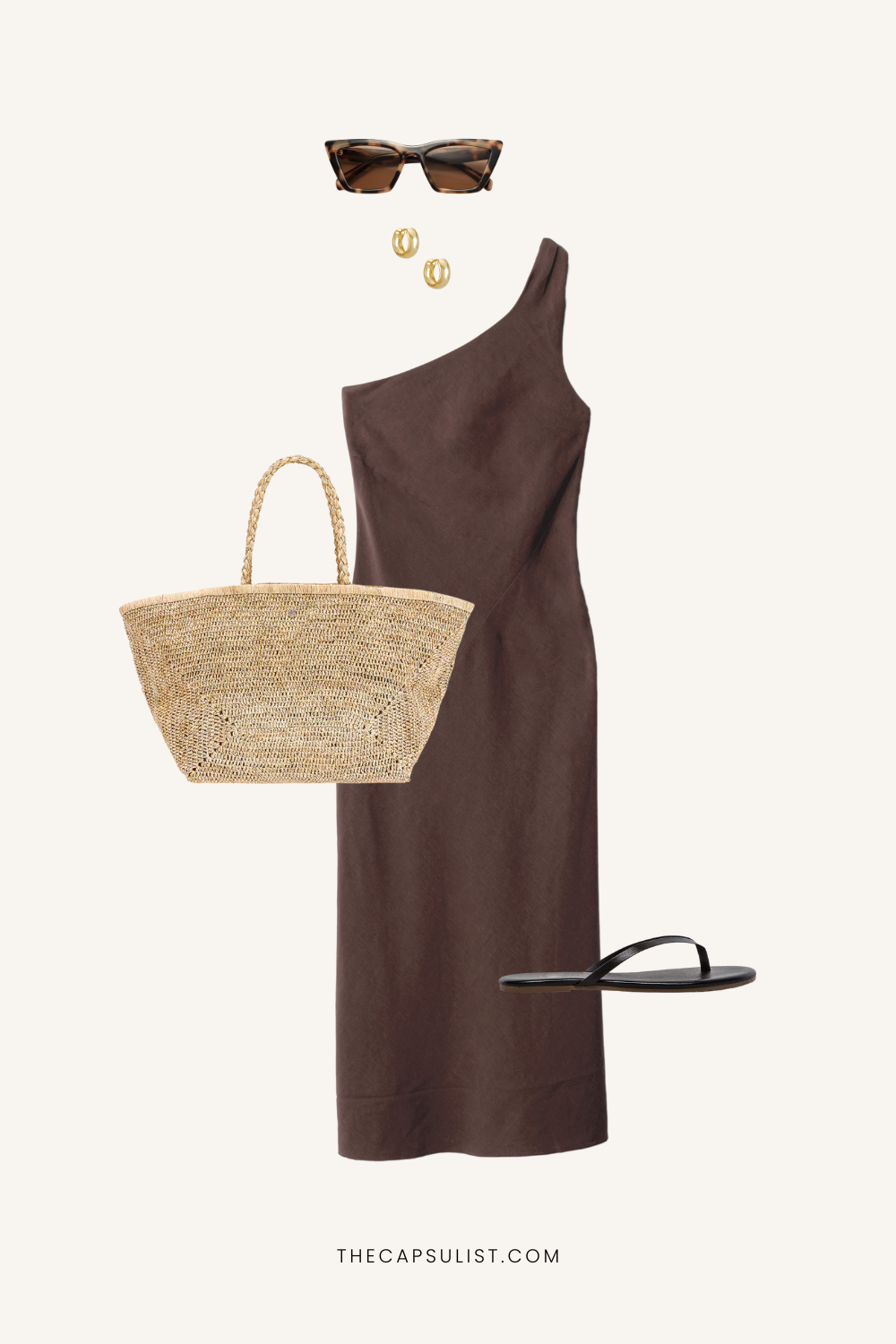 Chic summer outfit with a one-shoulder brown dress, raffia tote, black flip-flop sandals, gold hoop earrings, and tortoise sunglasses — capsule wardrobe 2025.