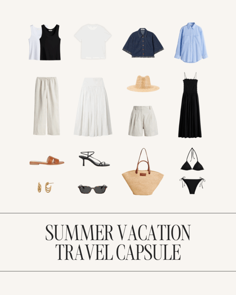Summer vacation capsule wardrobe flatlay with 15 essential travel pieces