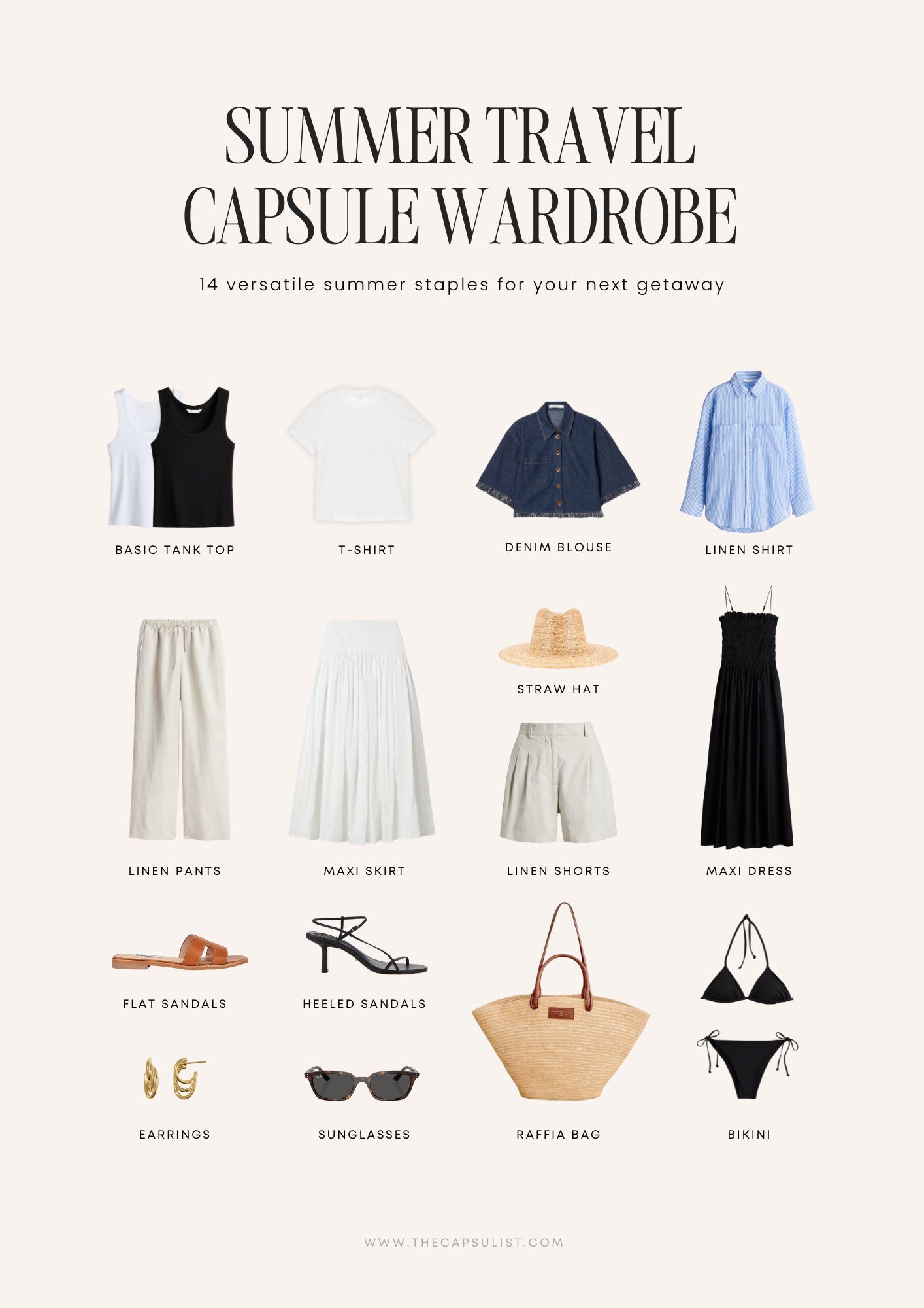 Summer Travel Capsule Wardrobe with 14 versatile minimalist pieces including linen pants, maxi dress, straw hat, raffia bag, and sandals — perfect for stylish summer packing.