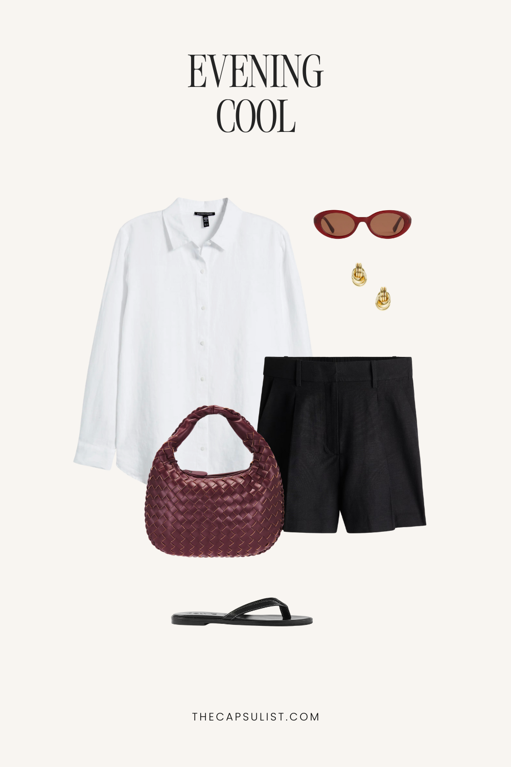 White linen shirt paired with black shorts, burgundy bag, flip flops, and gold earrings — an elevated minimalist outfit for summer evenings.