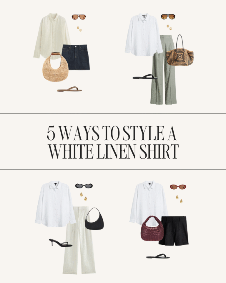 Five capsule wardrobe outfit ideas featuring a white linen shirt styled for summer 2025 — from casual to evening looks."