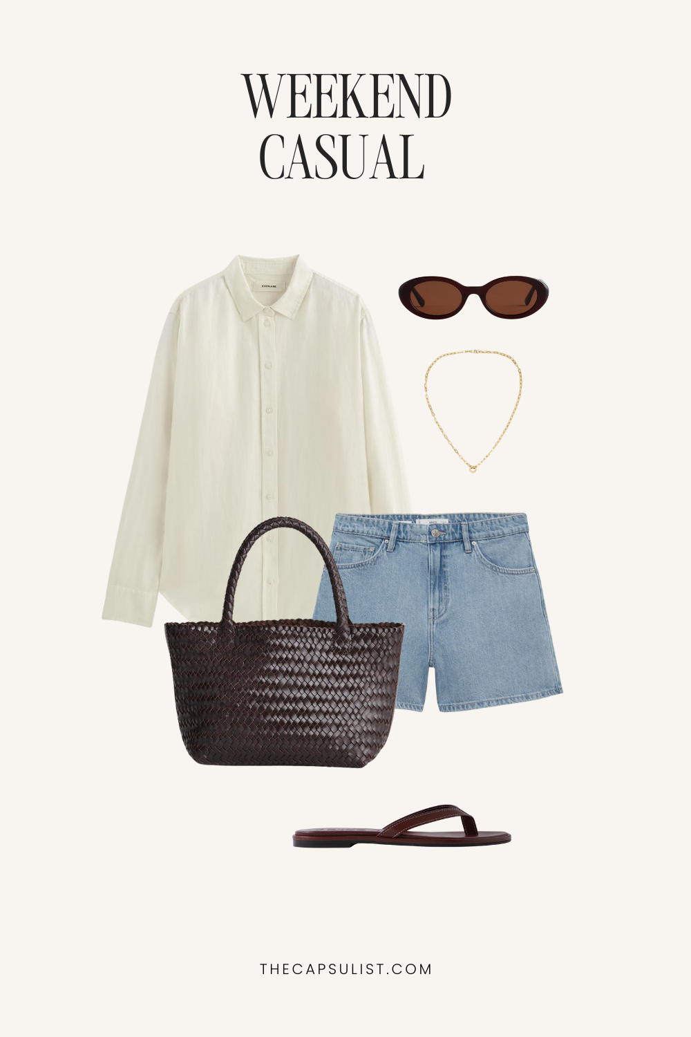 Flatlay outfit featuring a white linen shirt, light denim shorts, brown woven tote, and sandals – minimalist weekend capsule wardrobe look.