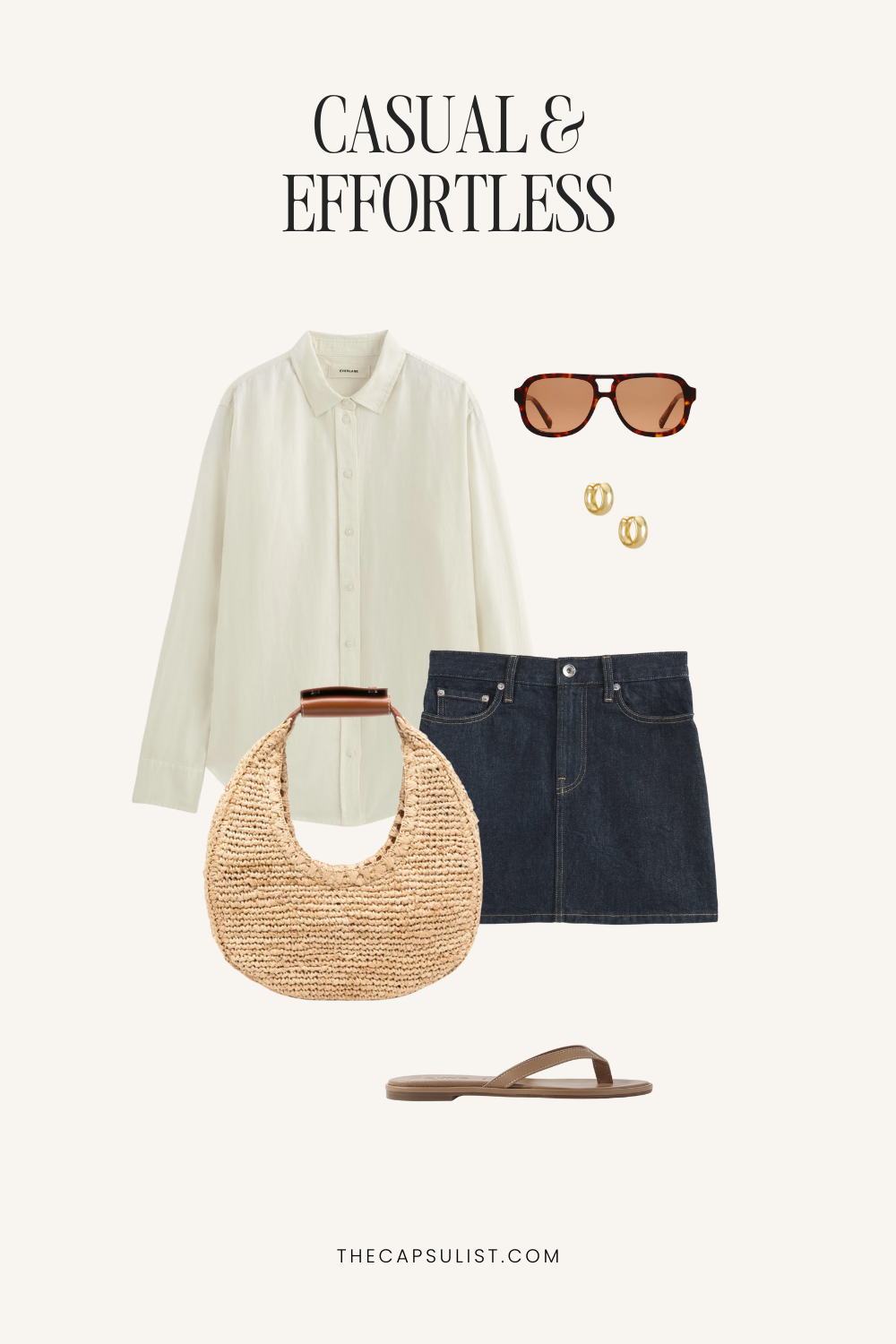 White linen shirt styled with a denim mini skirt, raffia bag, flat brown sandals, gold hoop earrings and oversized sunglasses – casual and effortless summer outfit idea.