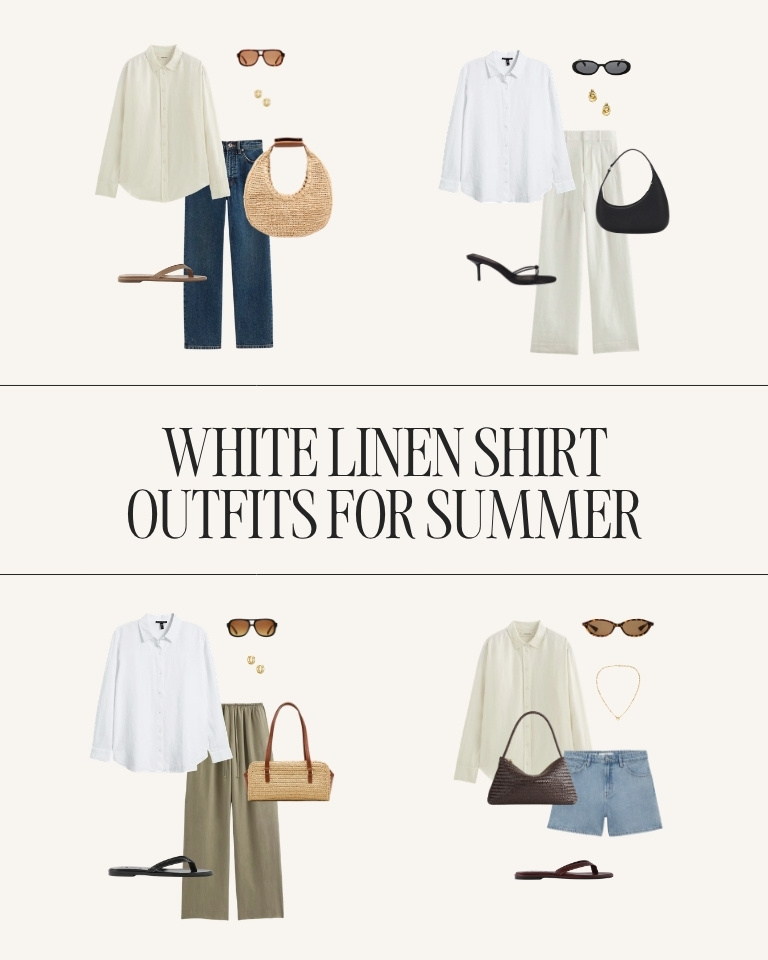 Flat lay of five white linen shirt outfit ideas for summer, including denim jeans, tailored trousers, shorts, sandals, and minimal accessories.