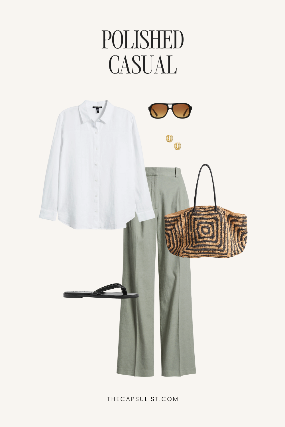 White linen shirt styled with sage green wide-leg trousers, a woven graphic tote bag, black leather sandals and oversized sunglasses – a polished casual summer outfit from TheCapsulist.com