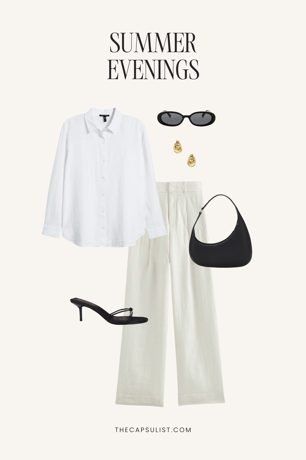 Flatlay of a summer evening outfit with a white linen shirt, wide-leg cream trousers, black heels, black mini bag, and gold earrings – minimalist capsule look.