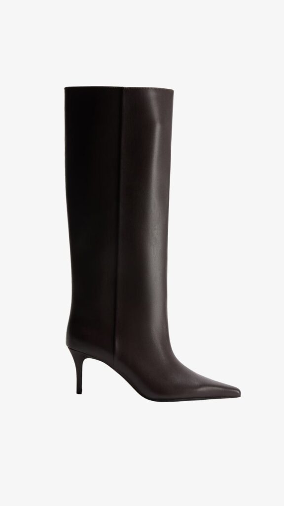Dark brown leather knee-high boots with pointed toe and low kitten heel.