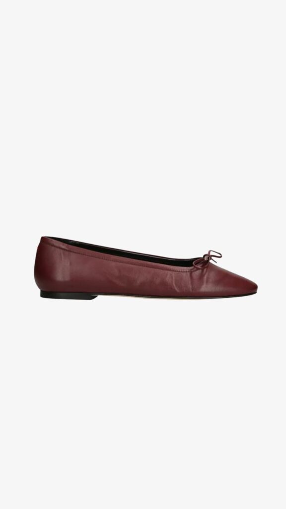Bordeaux leather ballet flat with small bow and almond toe; timeless dressy flat for fall/winter capsules.