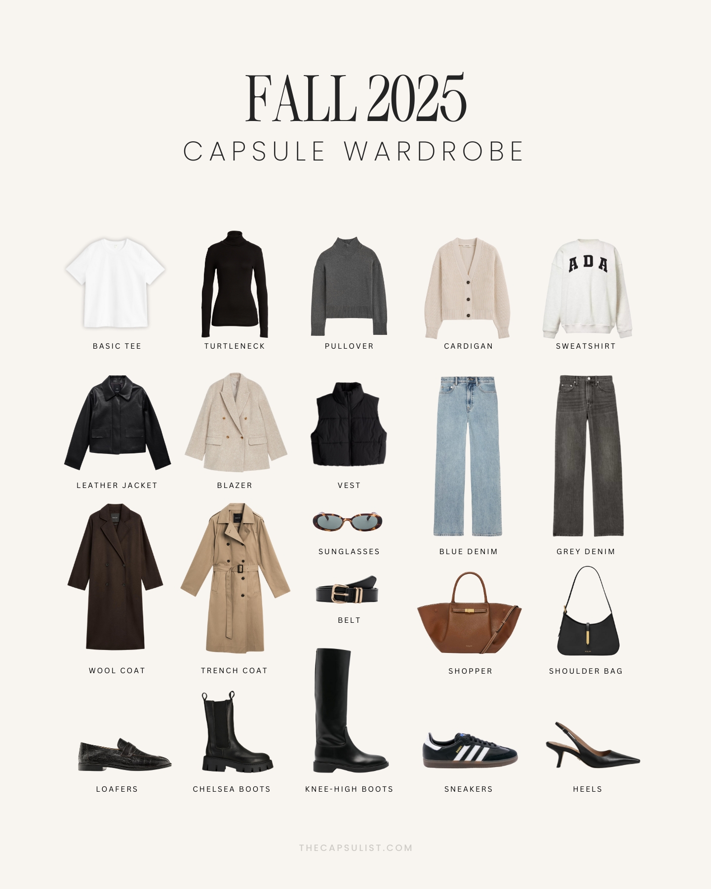 Fall 2025 Capsule Wardrobe Moodboard with 18 minimalist essentials including tops, knitwear, coats, jeans, shoes, and bags in neutral tones.