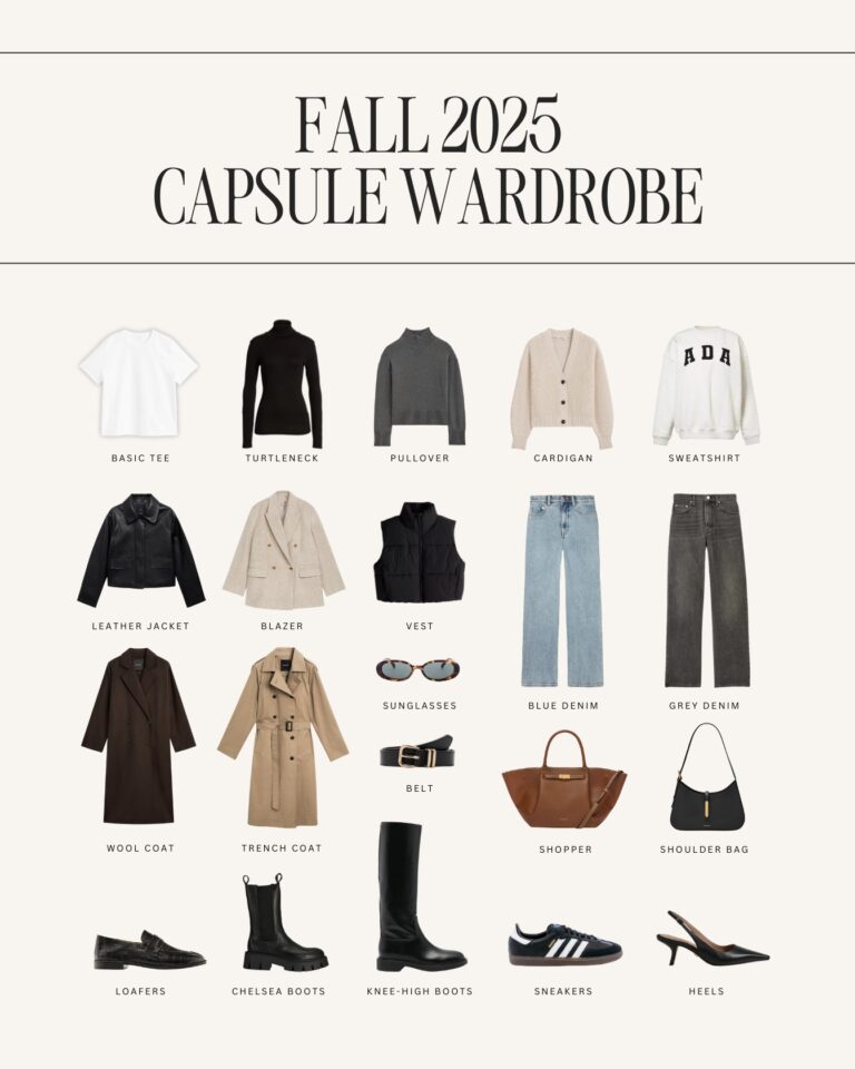 Fall 2025 Capsule Wardrobe Moodboard with 18 minimalist essentials including tops, knitwear, coats, jeans, shoes, and bags in neutral tones.