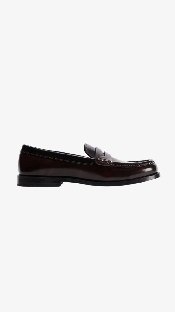 H&M penny loafers in bordeaux with low stacked heel and polished finish.