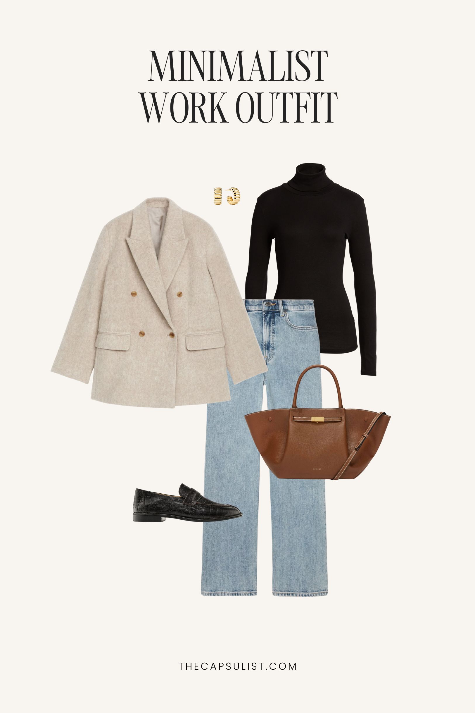 Minimalist work outfit for fall 2025 with beige blazer, black turtleneck, blue jeans, brown leather tote and loafers.