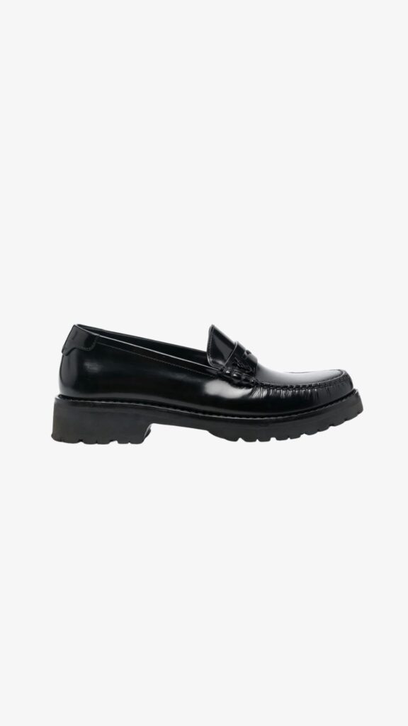 Saint Laurent Le Loafer in black leather with almond toe and low stacked heel.