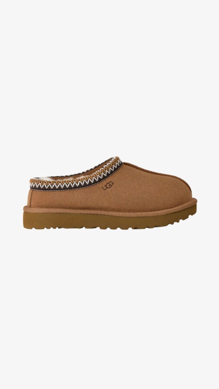 UGG Tasman closed-toe clog in chestnut suede with braid collar and Treadlite sole.