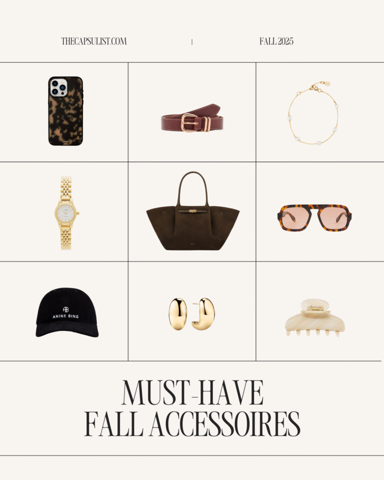 Fall 2025 capsule wardrobe accessories moodboard featuring minimalist gold jewelry, structured tote bag, leather belt, sunglasses, phone case, baseball cap, watch, and hair clip – timeless must-have fashion essentials.