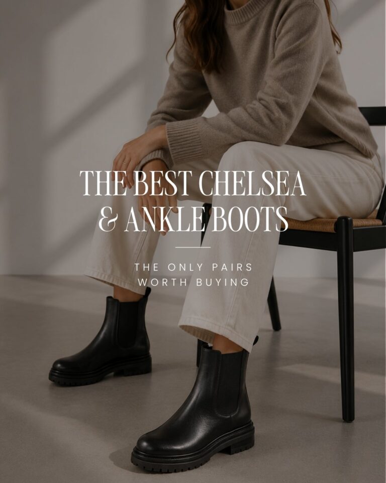 Woman wearing black Chelsea boots with cream trousers in a minimalist studio for our Best Chelsea & Ankle Boots for Women (2026) guide.