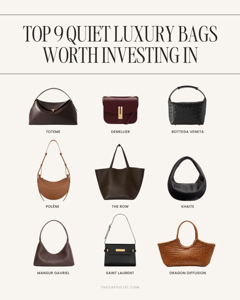 A minimalist collage featuring the top 9 quiet luxury bags for 2026, including Toteme, Bottega Veneta, Demellier, Polène, The Row, Khaite, Mansur Gavriel, Saint Laurent, and Dragon Diffusion.