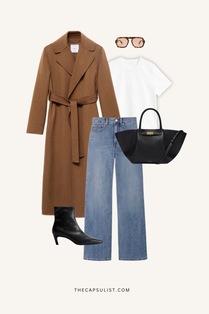 Minimalist quiet luxury outfit with a camel wrap coat, white T-shirt, wide-leg denim jeans, black leather ankle boots, black structured tote bag, and tortoise sunglasses on a neutral background.
