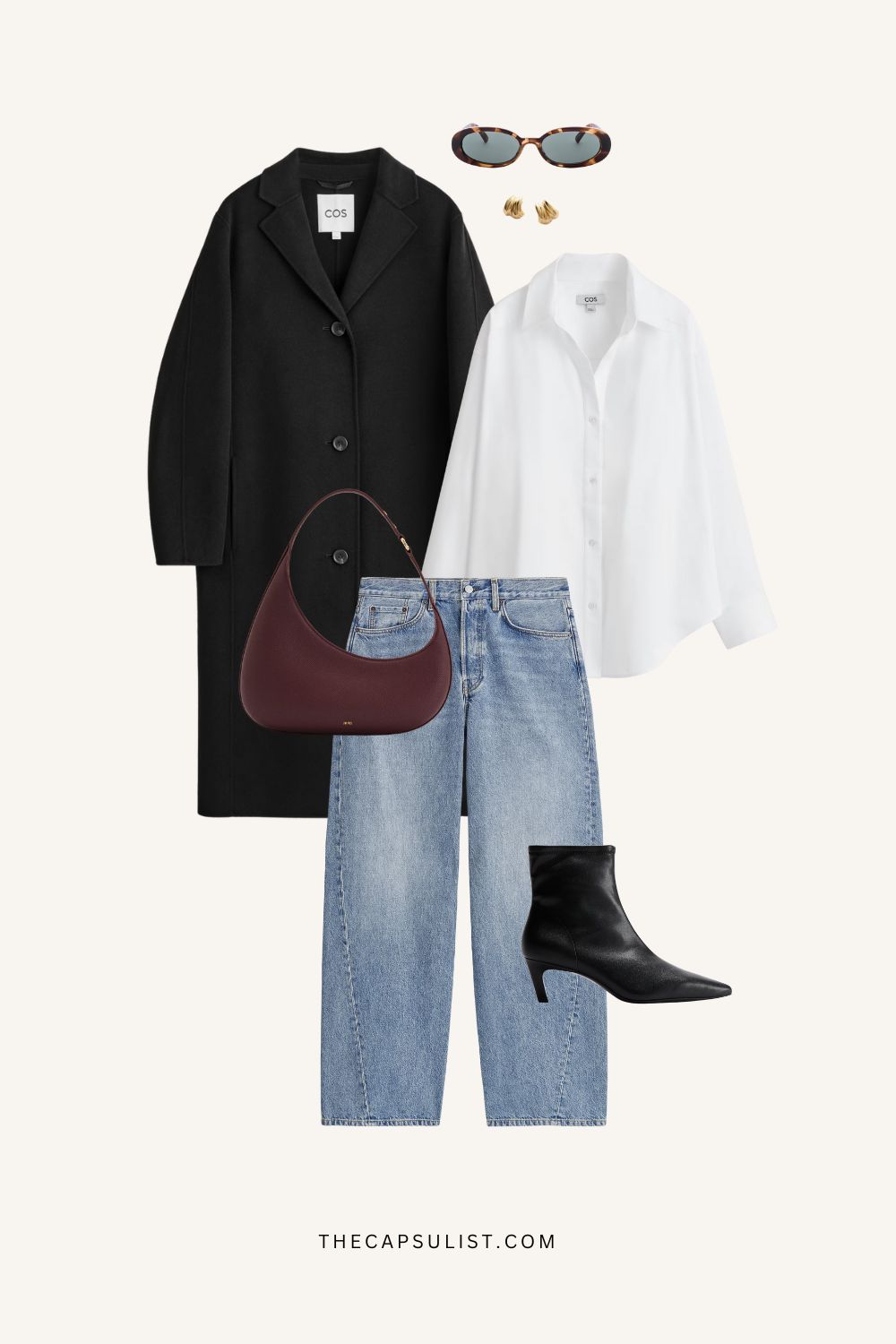Minimalist winter outfit with black wool coat, white shirt, straight jeans, and heeled ankle boots. Quiet luxury capsule wardrobe look by The Capsulist.