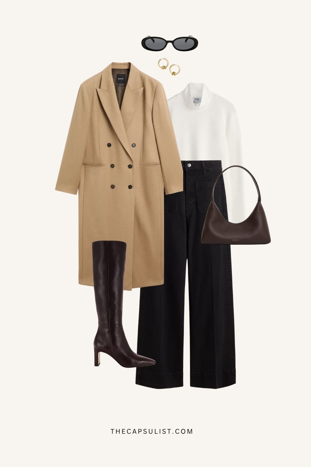 Minimalist winter outfit featuring camel coat, cream knit, black denim, and brown knee-high boots. Quiet luxury capsule wardrobe look from The Capsulist.