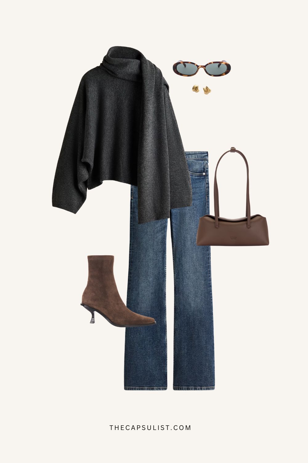 Minimalist winter outfit with charcoal knit sweater, matching scarf, denim, and brown suede boots. Quiet luxury capsule wardrobe look from The Capsulist.