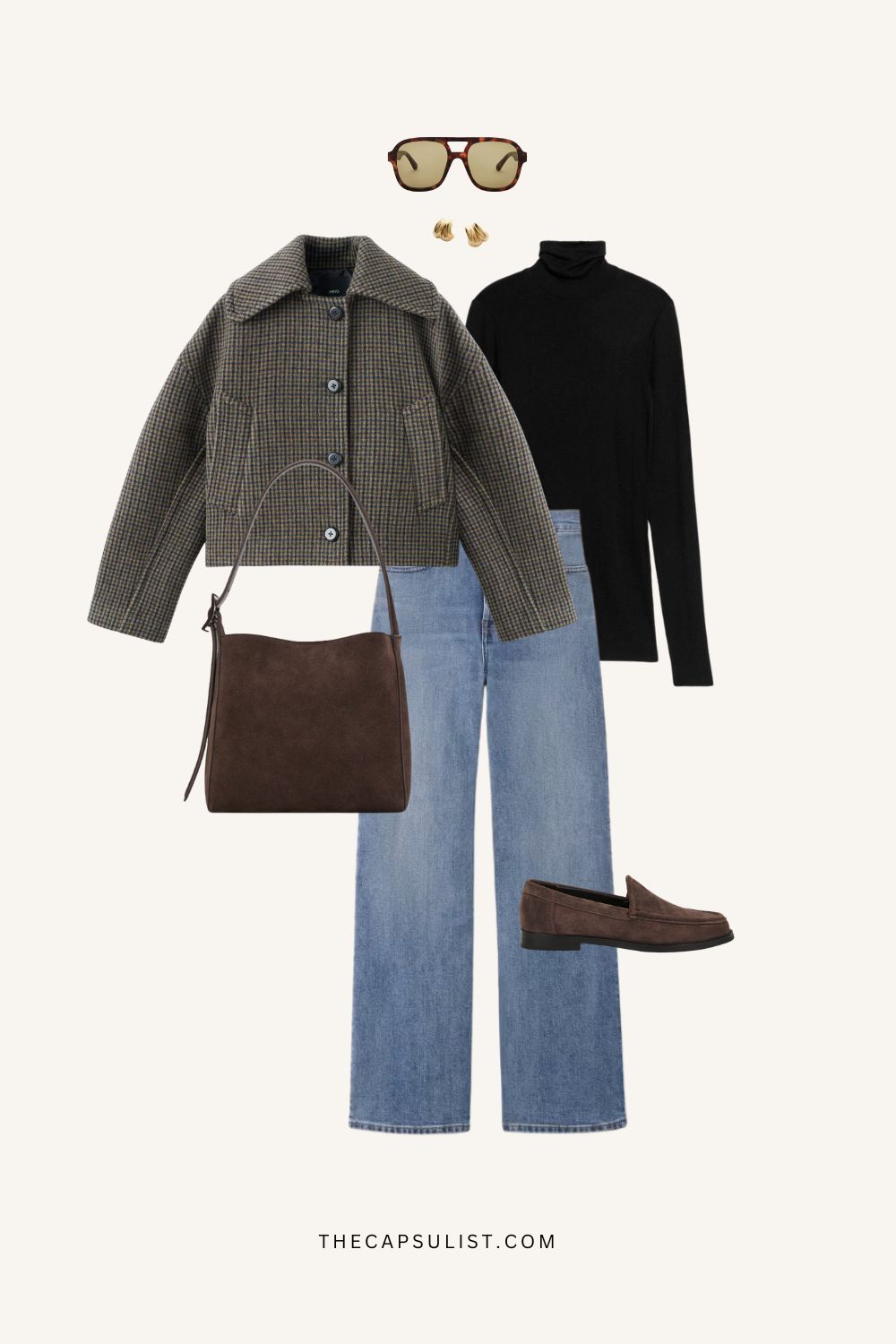 Minimalist winter outfit featuring checked jacket, black turtleneck, blue denim, and brown loafers. Quiet luxury capsule wardrobe look from The Capsulist.