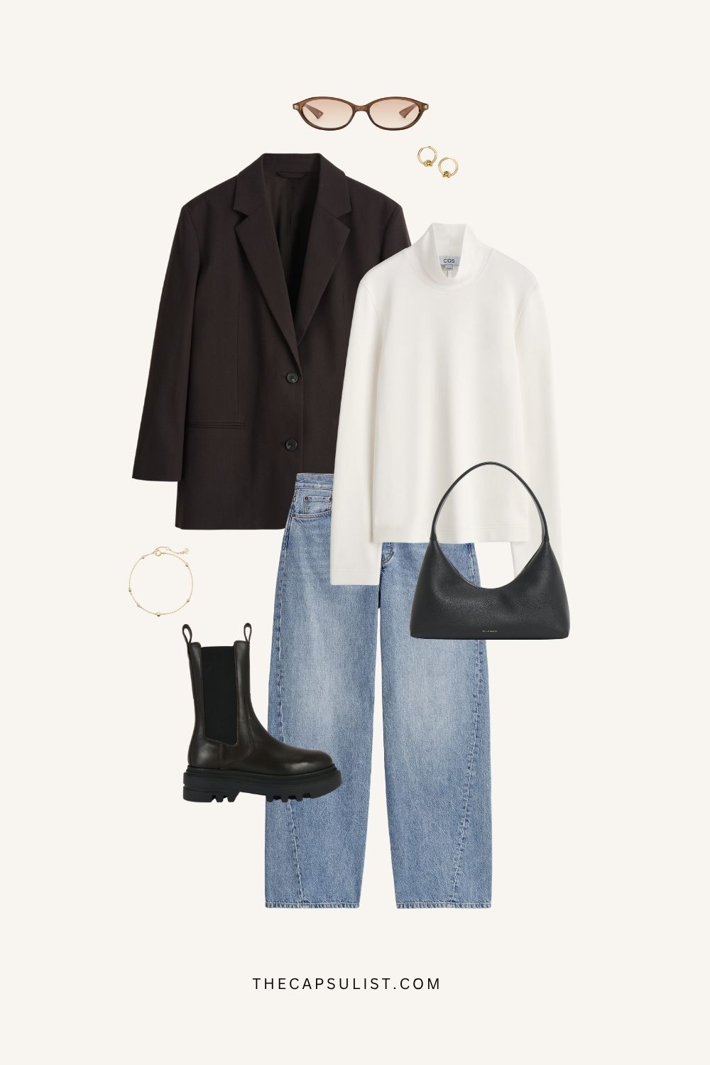 Minimalist winter outfit featuring a chocolate blazer, white sweater, denim, and chunky black boots. Quiet luxury capsule wardrobe look by The Capsulist.