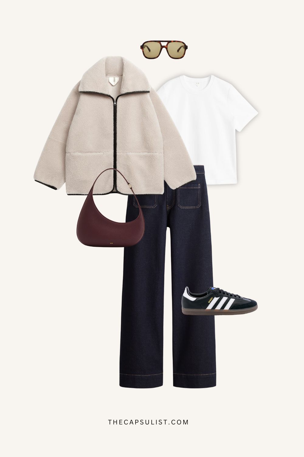 Minimalist winter weekend outfit with beige teddy jacket, white tee, dark denim, and Adidas Samba sneakers. Quiet luxury casual capsule look by The Capsulist.
