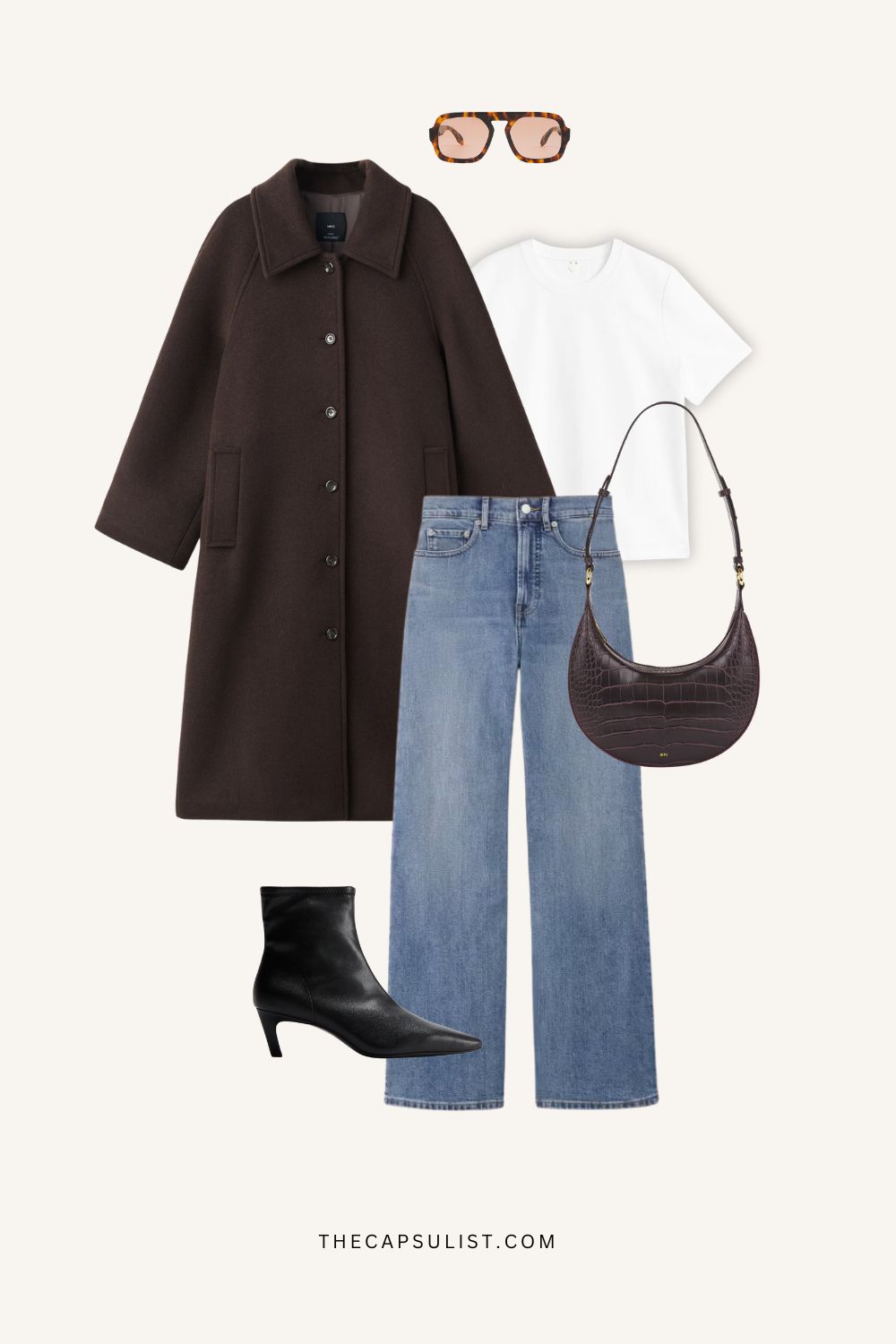 Minimalist winter outfit idea 2025 — wool coat, cream knit sweater, straight jeans, and tall boots. Quiet luxury everyday look from The Capsulist.