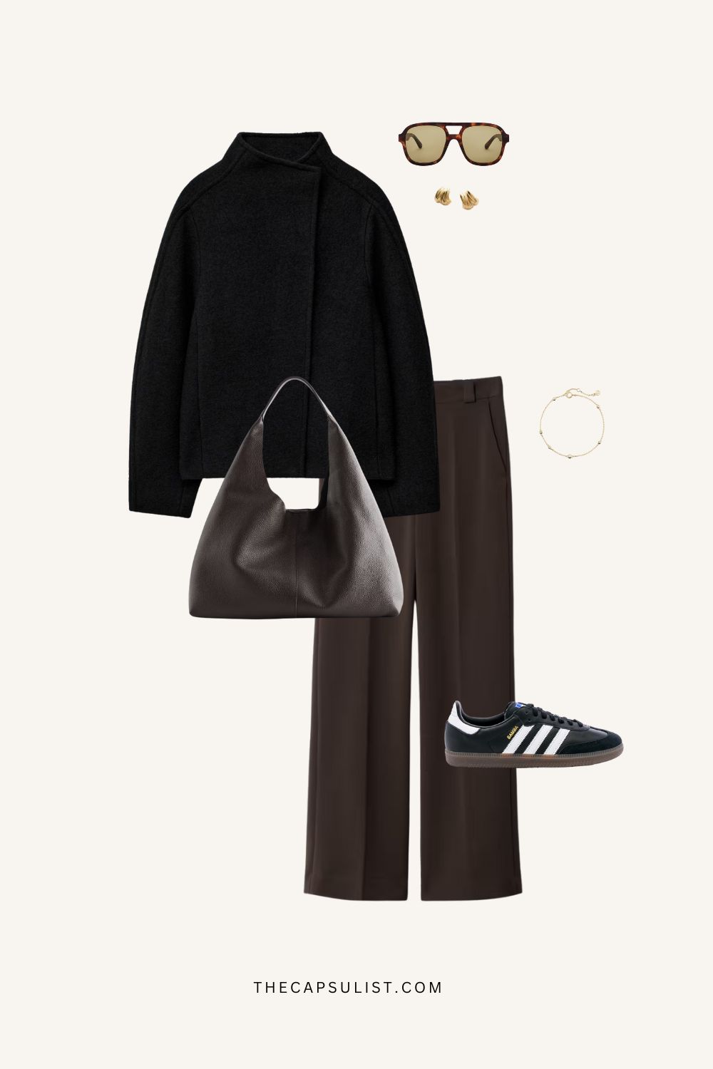 Minimalist winter outfit featuring black wool jacket, brown trousers, sneakers, and leather bag. Quiet luxury off-duty capsule look from The Capsulist.