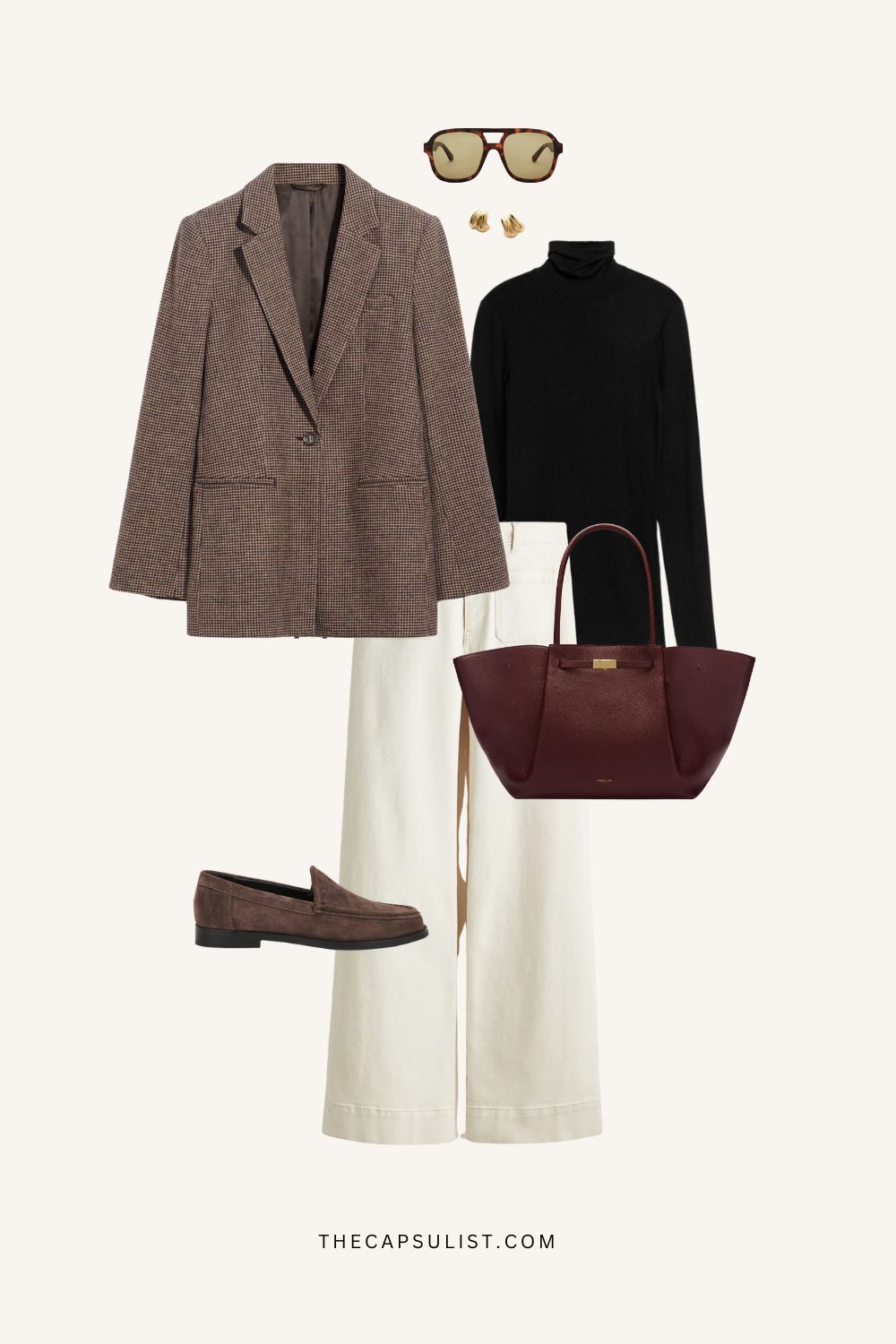 Quiet luxury winter outfit with checked jacket, black turtleneck, relaxed denim, and suede loafers. Effortless capsule layering by The Capsulist.