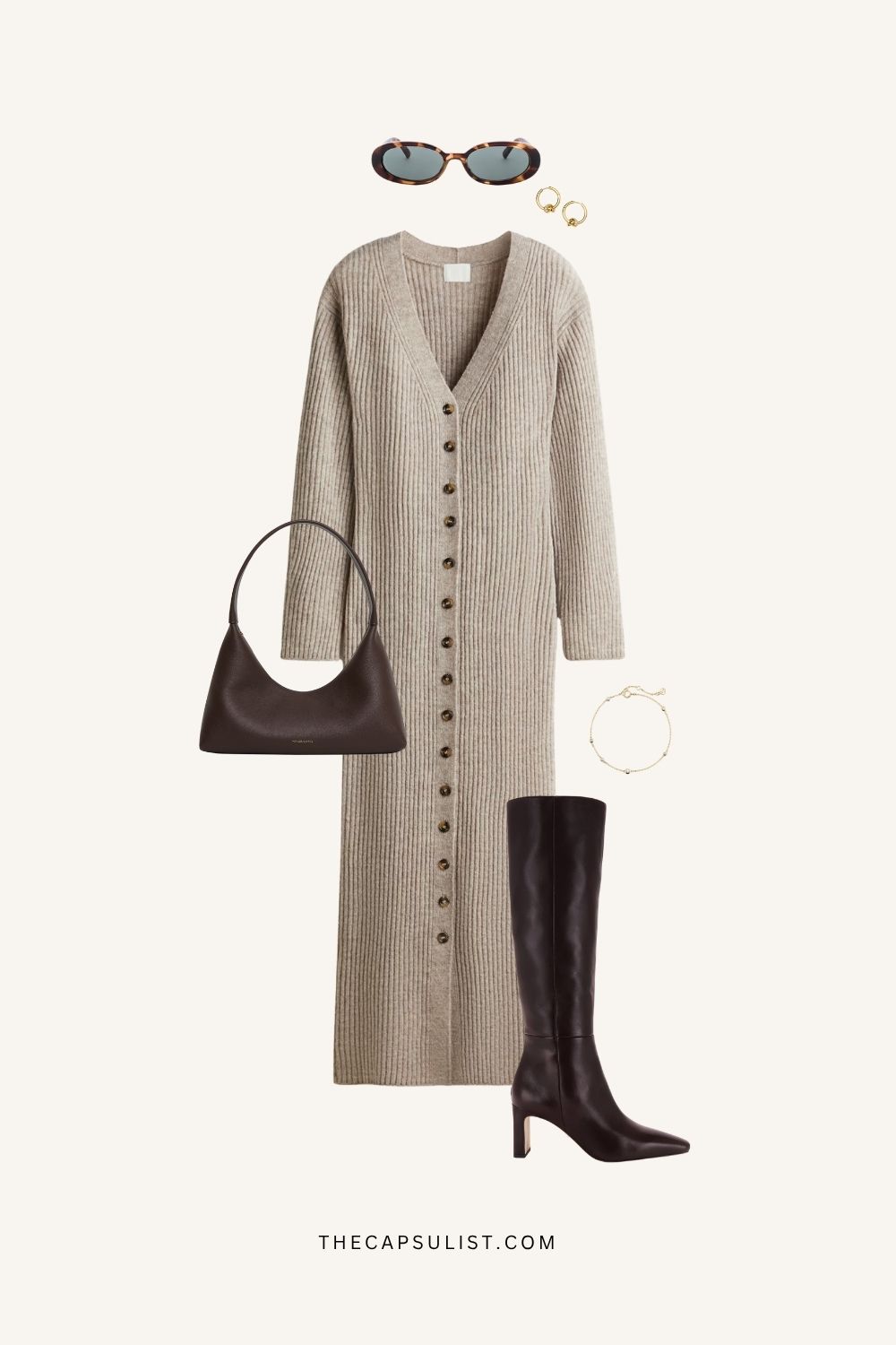 Minimalist winter outfit with ribbed knit dress, tall brown boots, and chocolate bag. Quiet luxury capsule wardrobe look from The Capsulist.